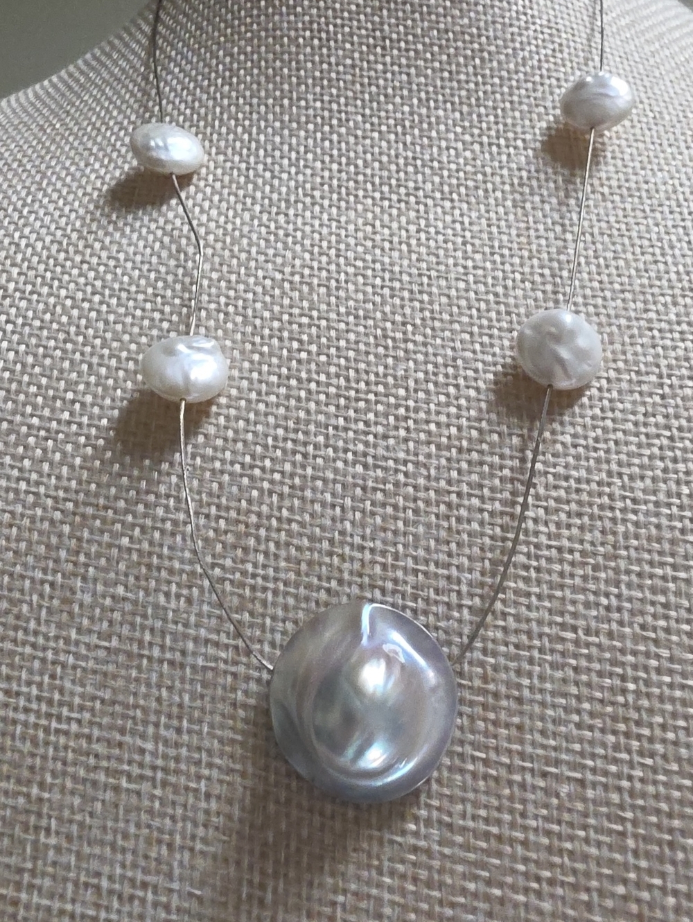 Lucas Lameth 925 Silver Reversible Coin Pearl & Abalone Floating Pearl Necklace